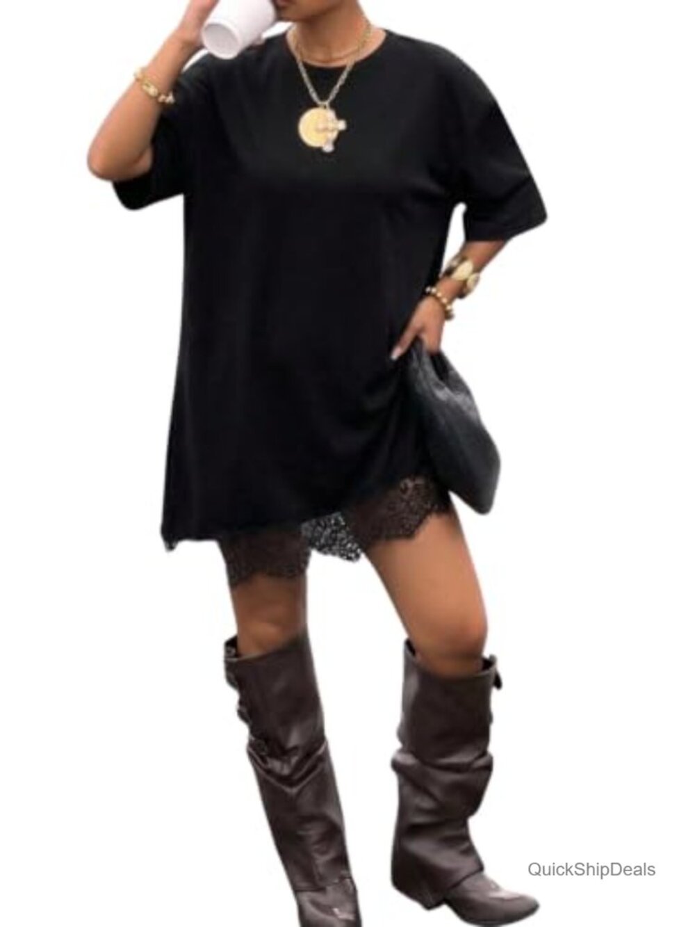 Lace T Shirt Dress Oversized Half Sleeve Wave Hem Casual Tunic Dress